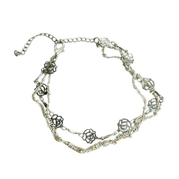 Triple Chain Silver Tone Cut Out Roses Anklet - Picture 2 of 4